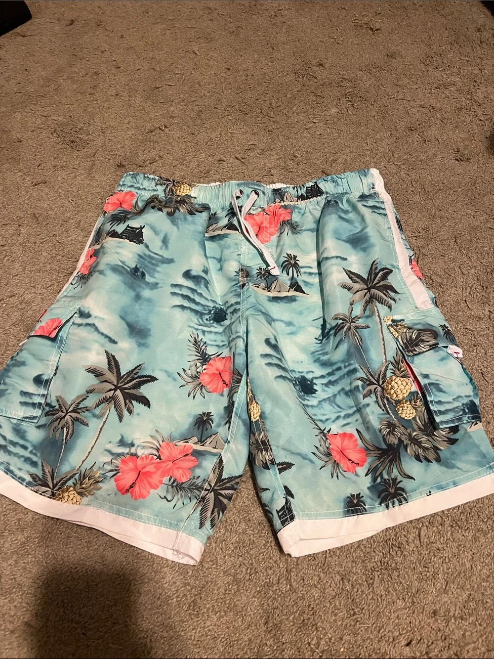 Ingear Aqua Tropical Floral Swim Trunks with Coral Accents